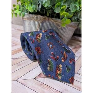Vintage 100% Silk Necktie Tie - Blue Shield Of Arms Lands End VTG Tie 61" Long